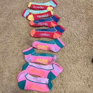 # positive kids socks. Just above the ankle. Smile,hugs,cool,happy. Worn